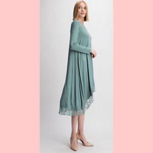 Midi Dress in Basil with Hi-Low Lace Hem NWT